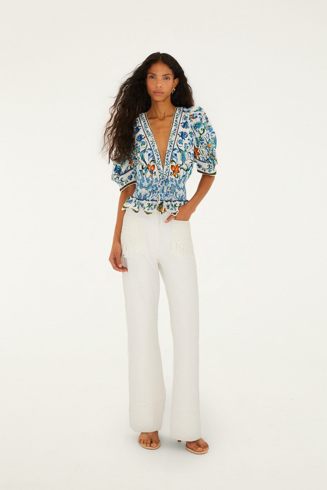 FARM Rio Shop Off-White Flora Tile Smocked Organic Cotton Blouse