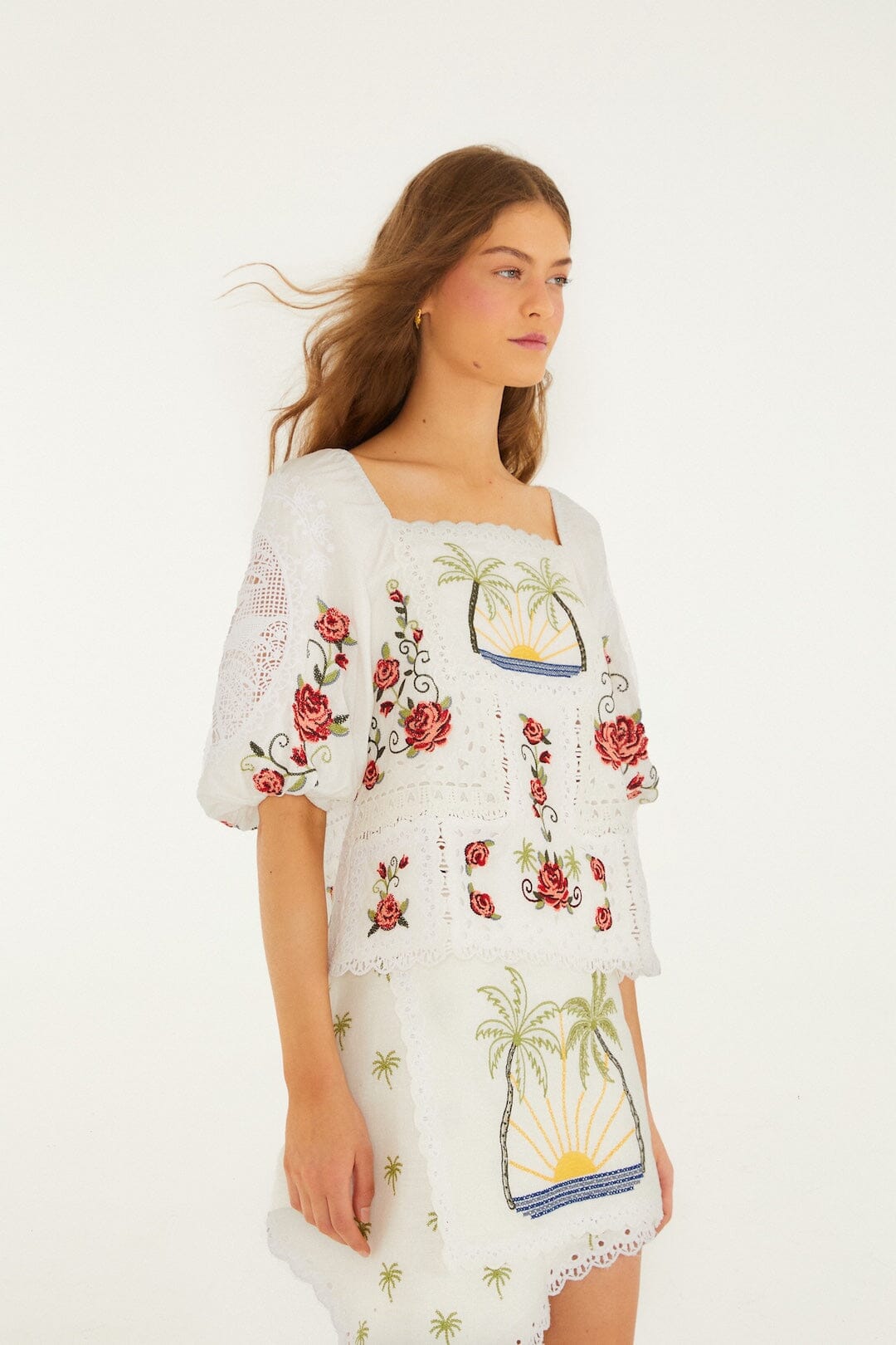 FARM Rio Shop Off-White Tropi Scarf Embroidered Organic Cotton Blouse