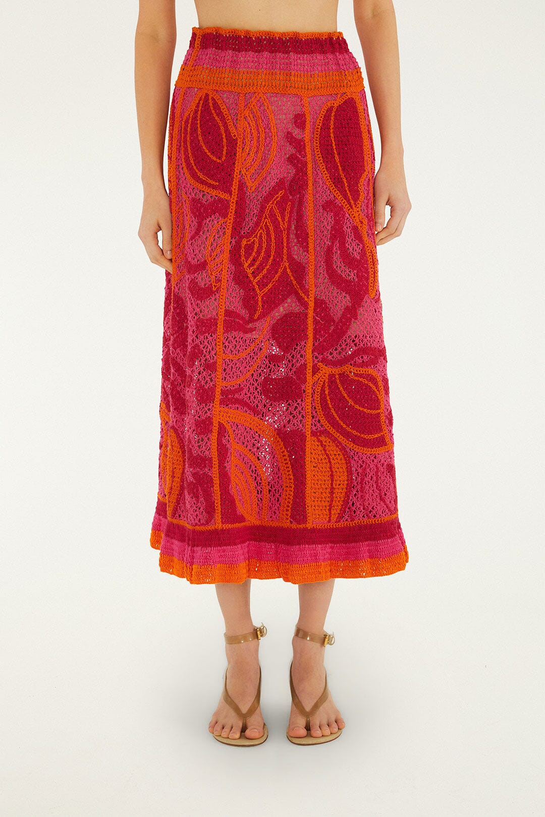 FARM Rio Shop Pink And Orange Seashell Crochet Midi Skirt