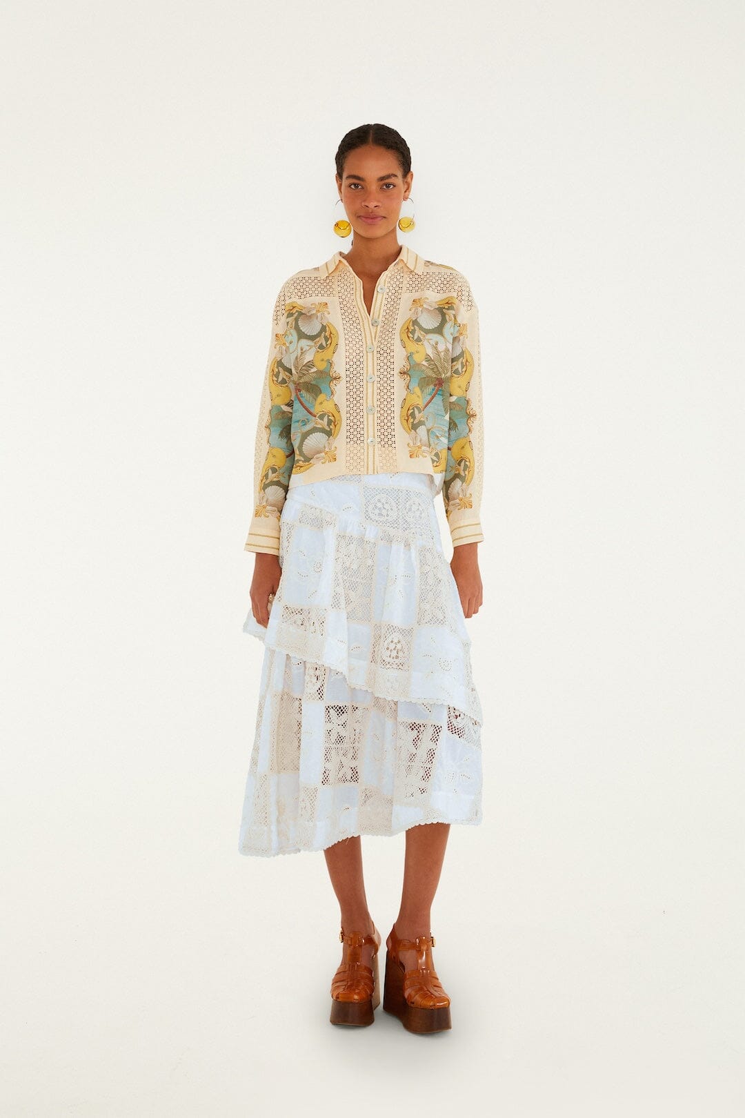 FARM Rio Shop Off-White Scarf Eyelet Layered Maxi Skirt