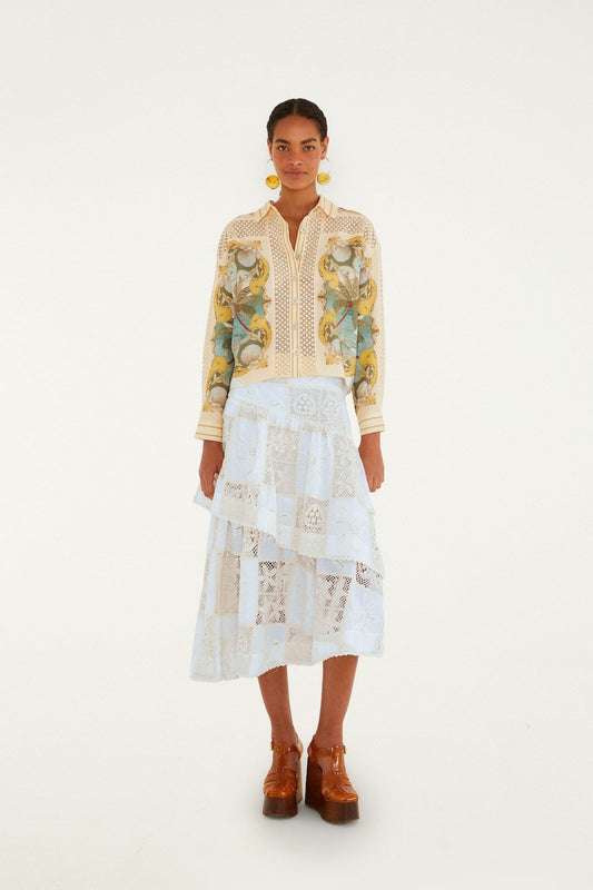 FARM Rio Shop Off-White Scarf Eyelet Layered Maxi Skirt