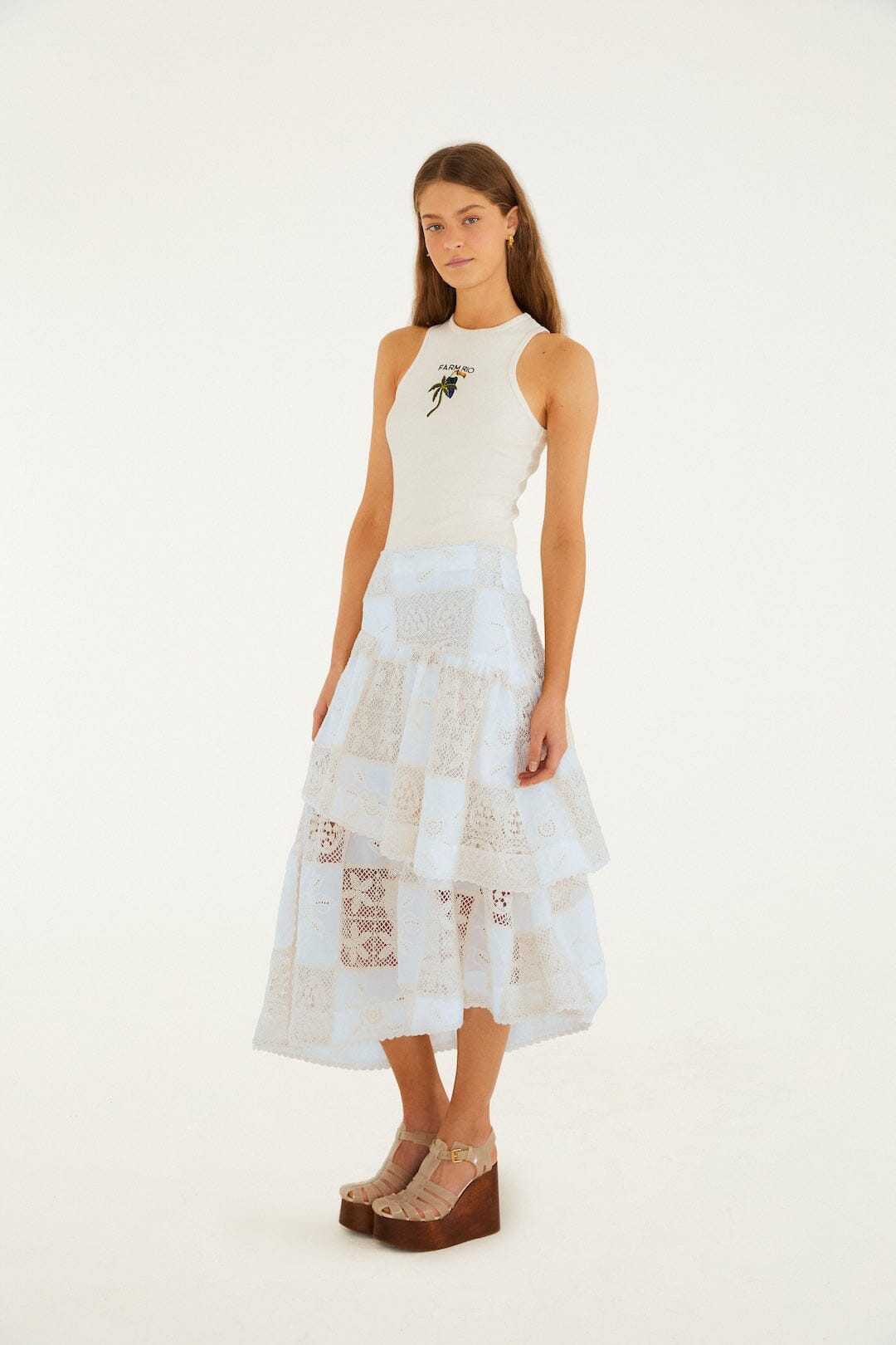 FARM Rio Shop Off-White Scarf Eyelet Layered Maxi Skirt