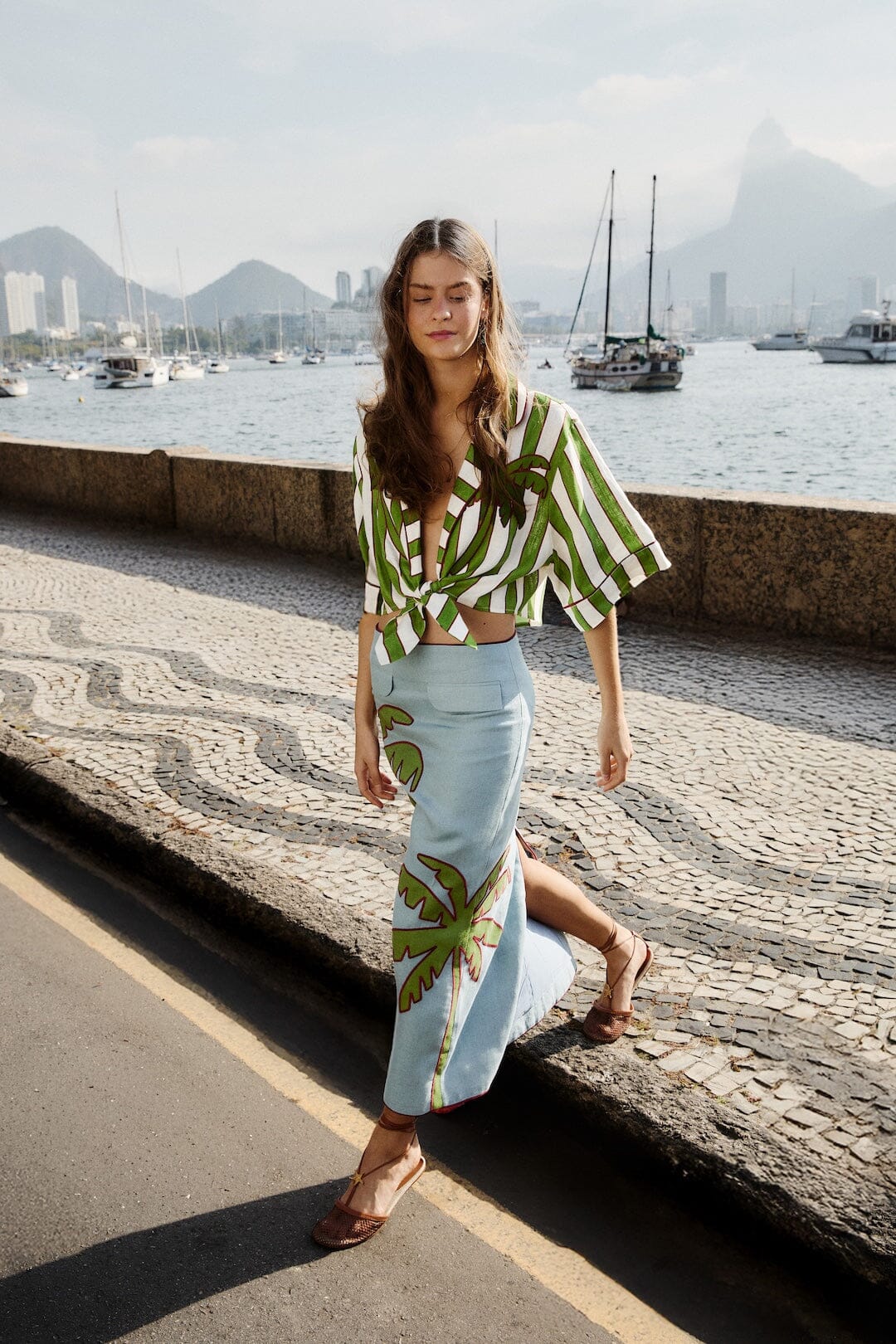 FARM Rio Shop Blue Embroidered Palm Tree Euroflax Premium Linen Maxi Skirt