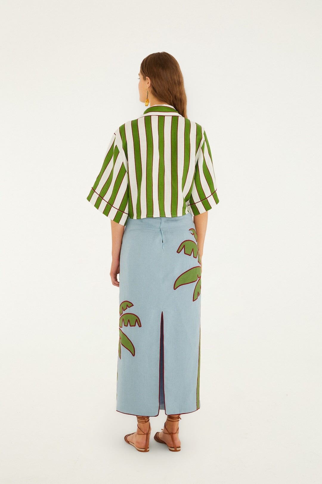 FARM Rio Shop Blue Embroidered Palm Tree Euroflax Premium Linen Maxi Skirt