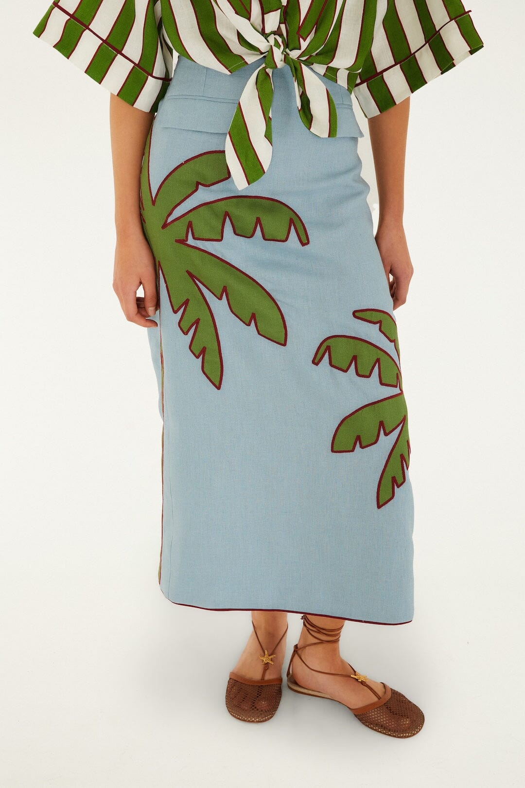 FARM Rio Shop Blue Embroidered Palm Tree Euroflax Premium Linen Maxi Skirt