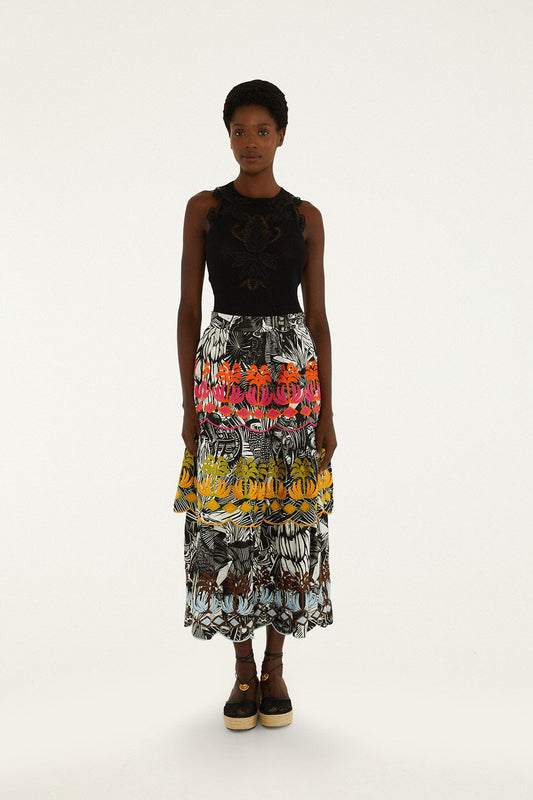 FARM Rio Shop Black Ruta Layered Lenzing Ecovero Euroflax Maxi Skirt