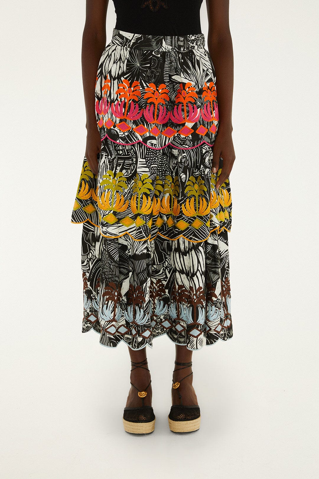 FARM Rio Shop Black Ruta Layered Lenzing Ecovero Euroflax Maxi Skirt