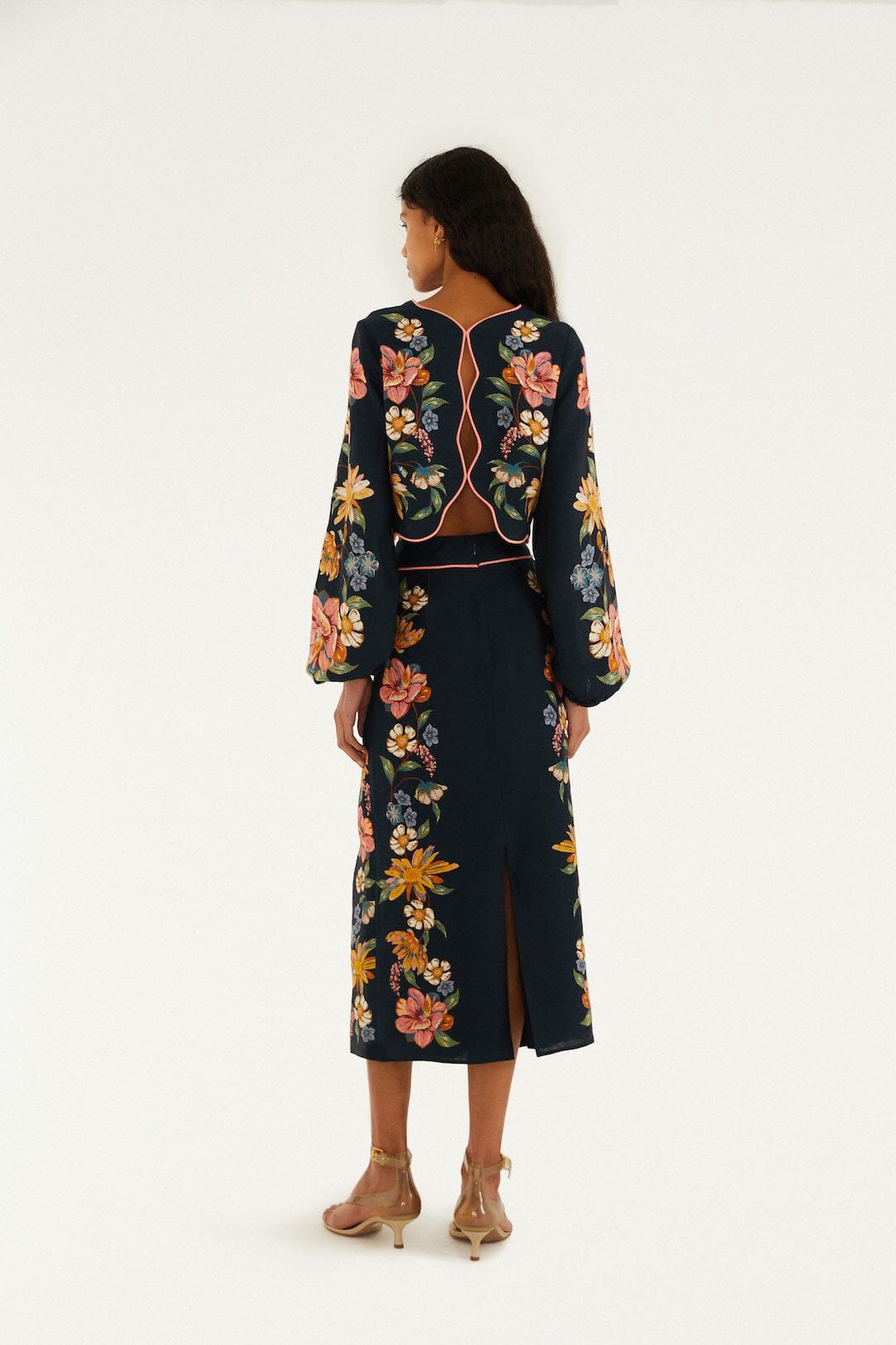 FARM Rio Shop Dark Blue Maira Floral Euroflax Premium Linen Midi Skirt