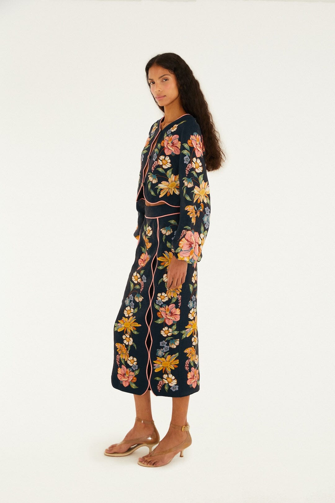 FARM Rio Shop Dark Blue Maira Floral Euroflax Premium Linen Midi Skirt
