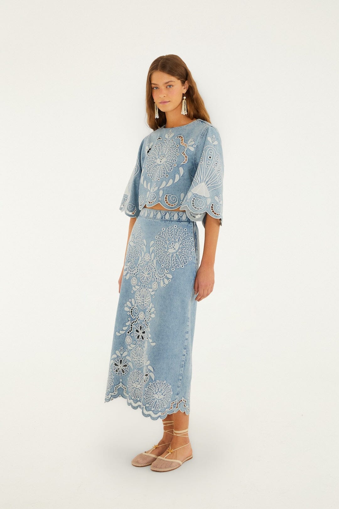 FARM Rio Shop Denim Richelieu Wavy Hem Midi Skirt