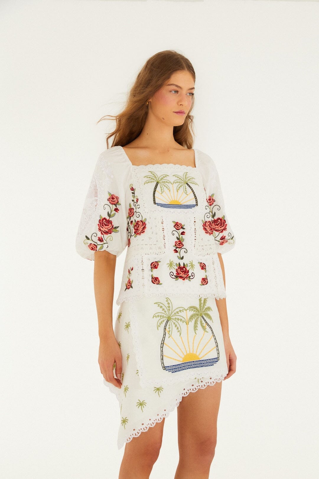 FARM Rio Shop Off-White Tropi Scarf Embroidered Euroflax Premium Linen Mini Skirt