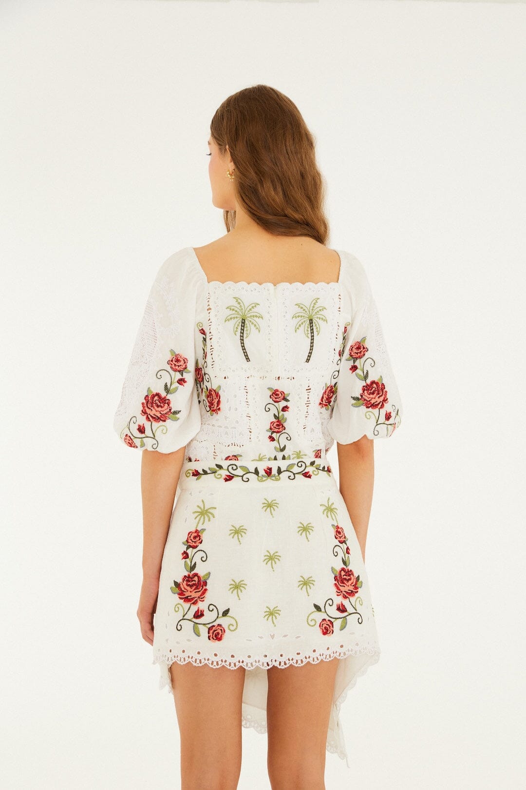 FARM Rio Shop Off-White Tropi Scarf Embroidered Euroflax Premium Linen Mini Skirt