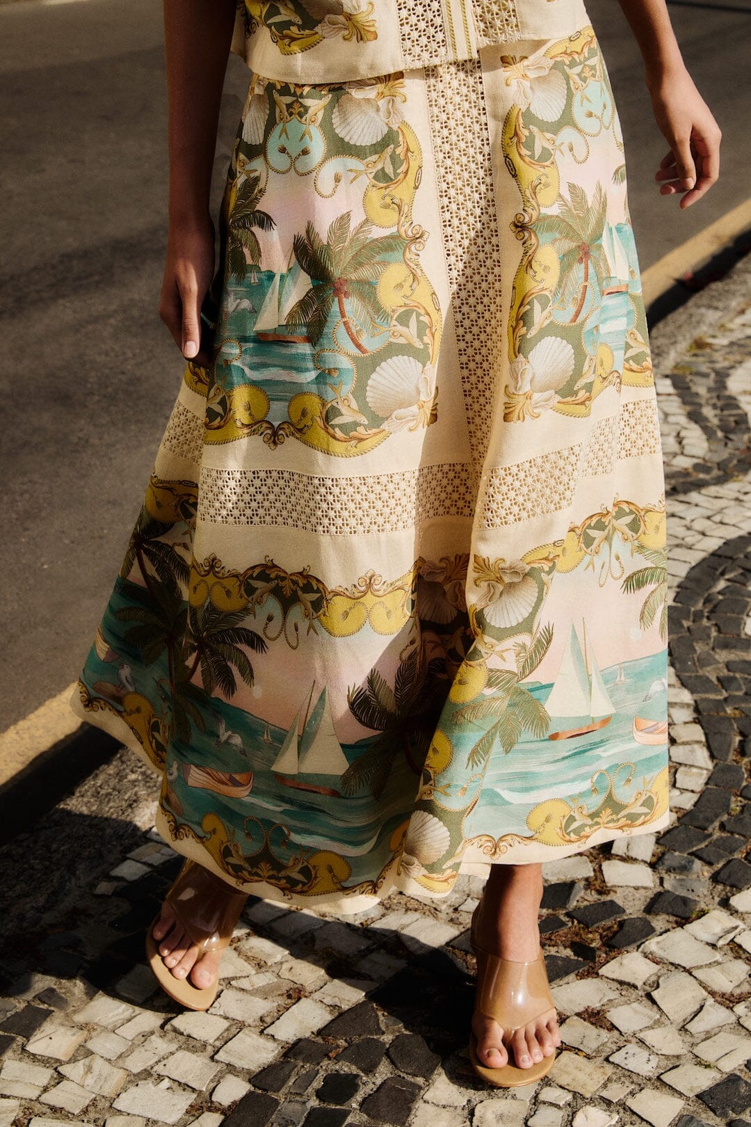 FARM Rio Shop Sand Royal Sea Crochet Lenzing Ecovero Euroflax Midi Skirt
