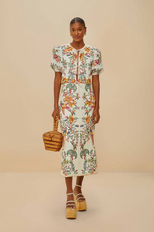 FARM Rio Shop Off-White Delicate Forest Midi Skirt