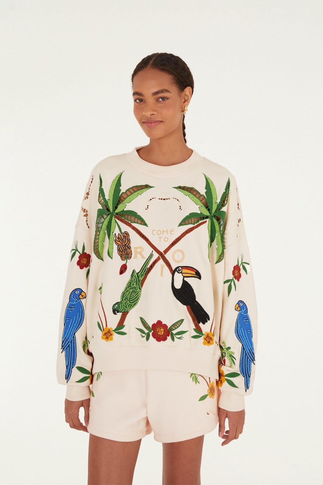 FARM Rio Shop Off-White Coconut Trees Come To Rio Embroidered Shorts