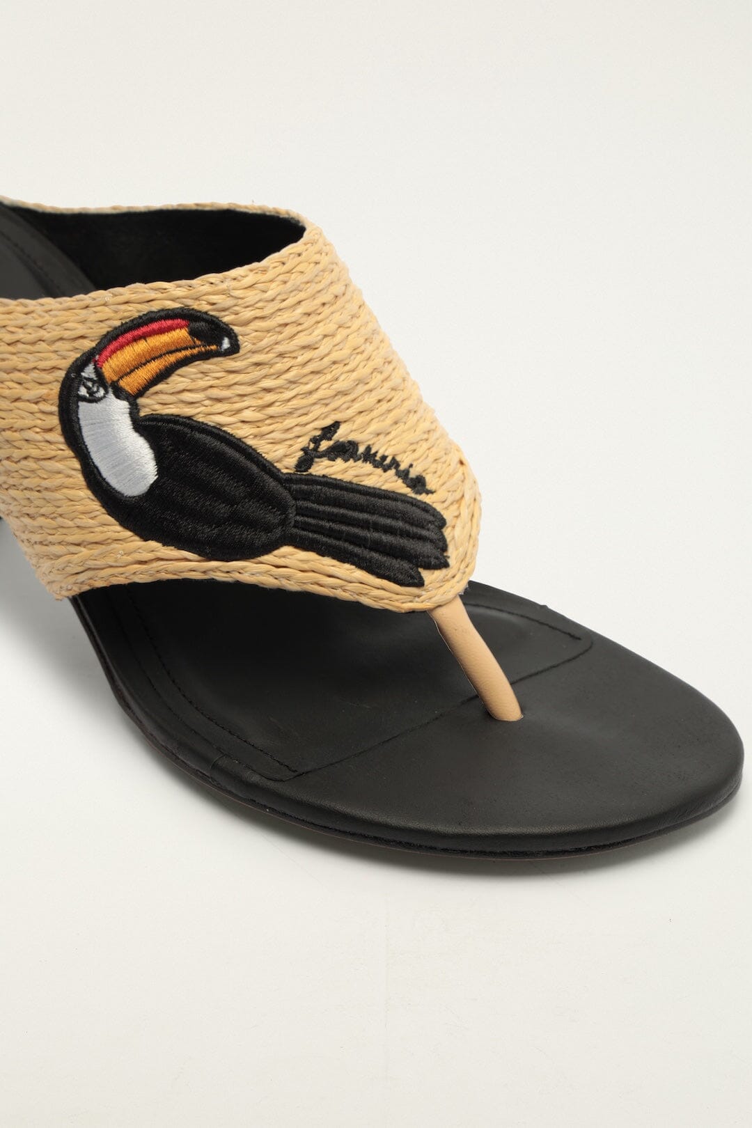 FARM Rio Shop Raffia Embroidered Icons Kitten Heeled Sandal