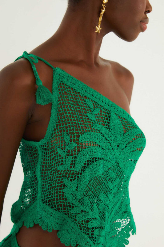 FARM Rio Shop Green One-Shoulder Sheer Blouse