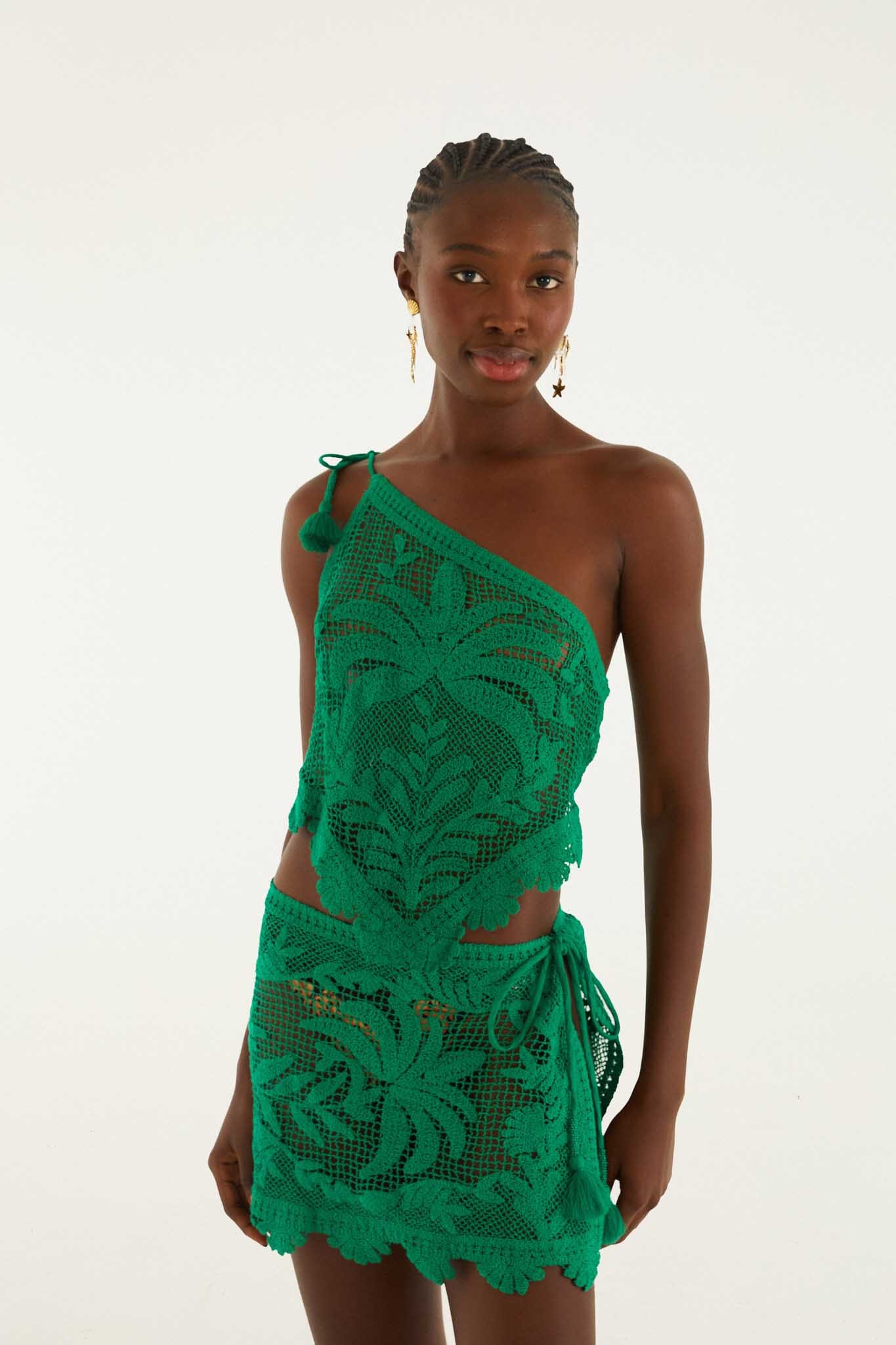 FARM Rio Shop Green One-Shoulder Sheer Blouse