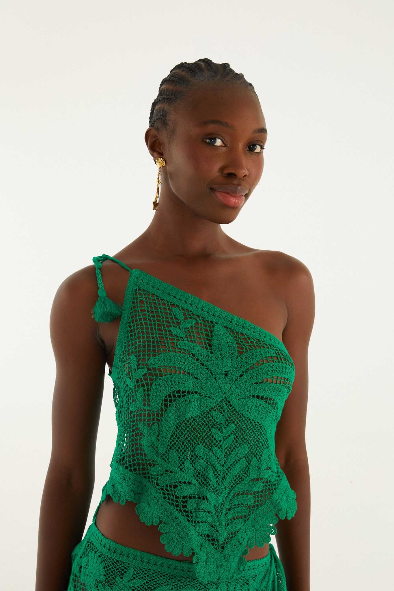 FARM Rio Shop Green One-Shoulder Sheer Blouse