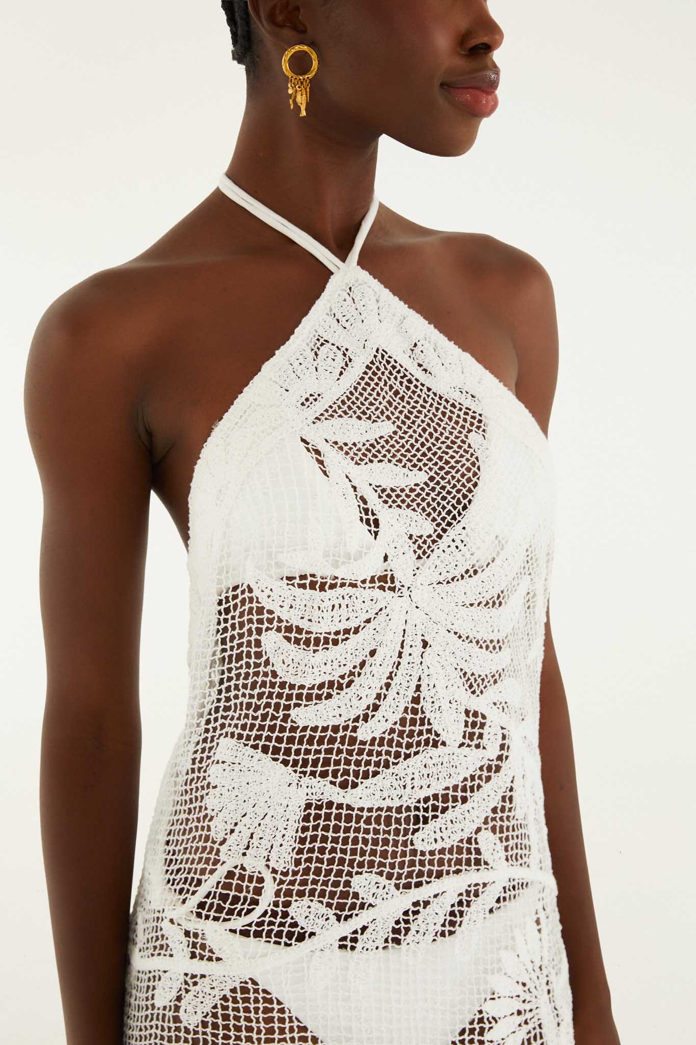 FARM Rio Shop White Crochet Halter Neck Sheer Midi Dress