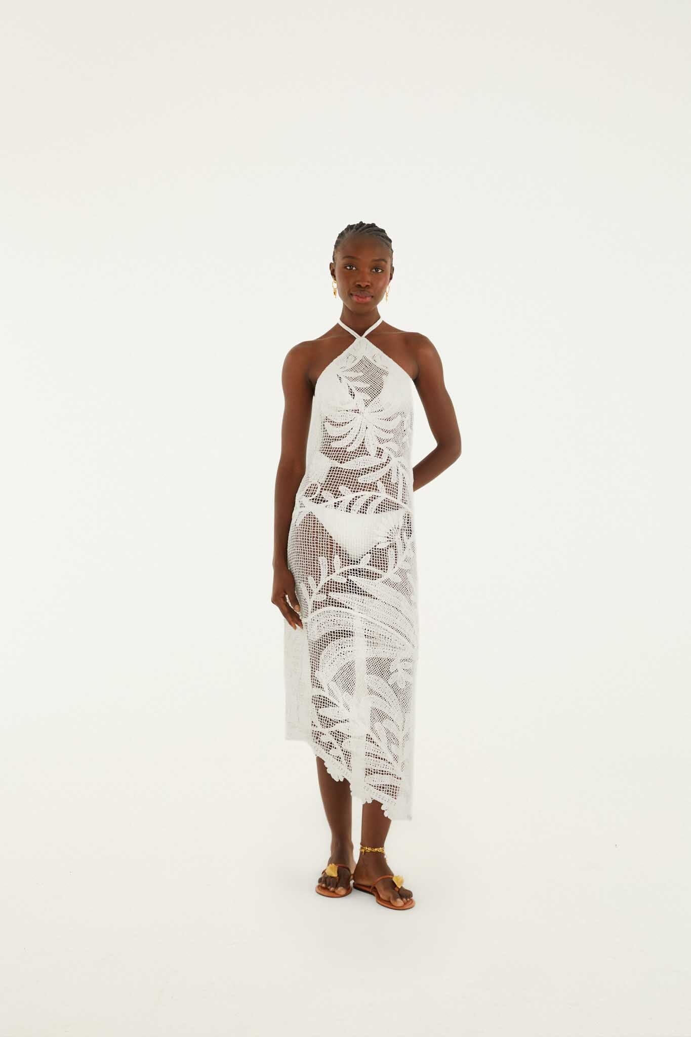 FARM Rio Shop White Crochet Halter Neck Sheer Midi Dress