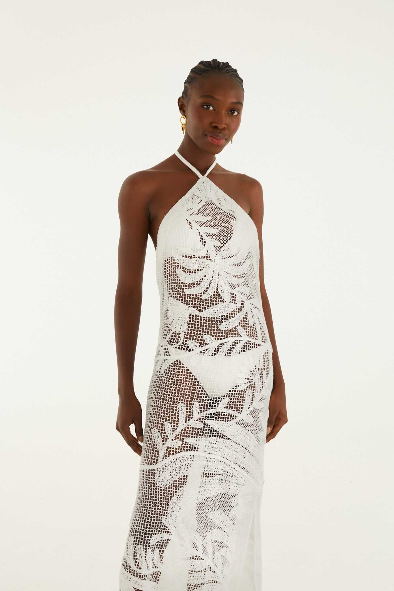 FARM Rio Shop White Crochet Halter Neck Sheer Midi Dress