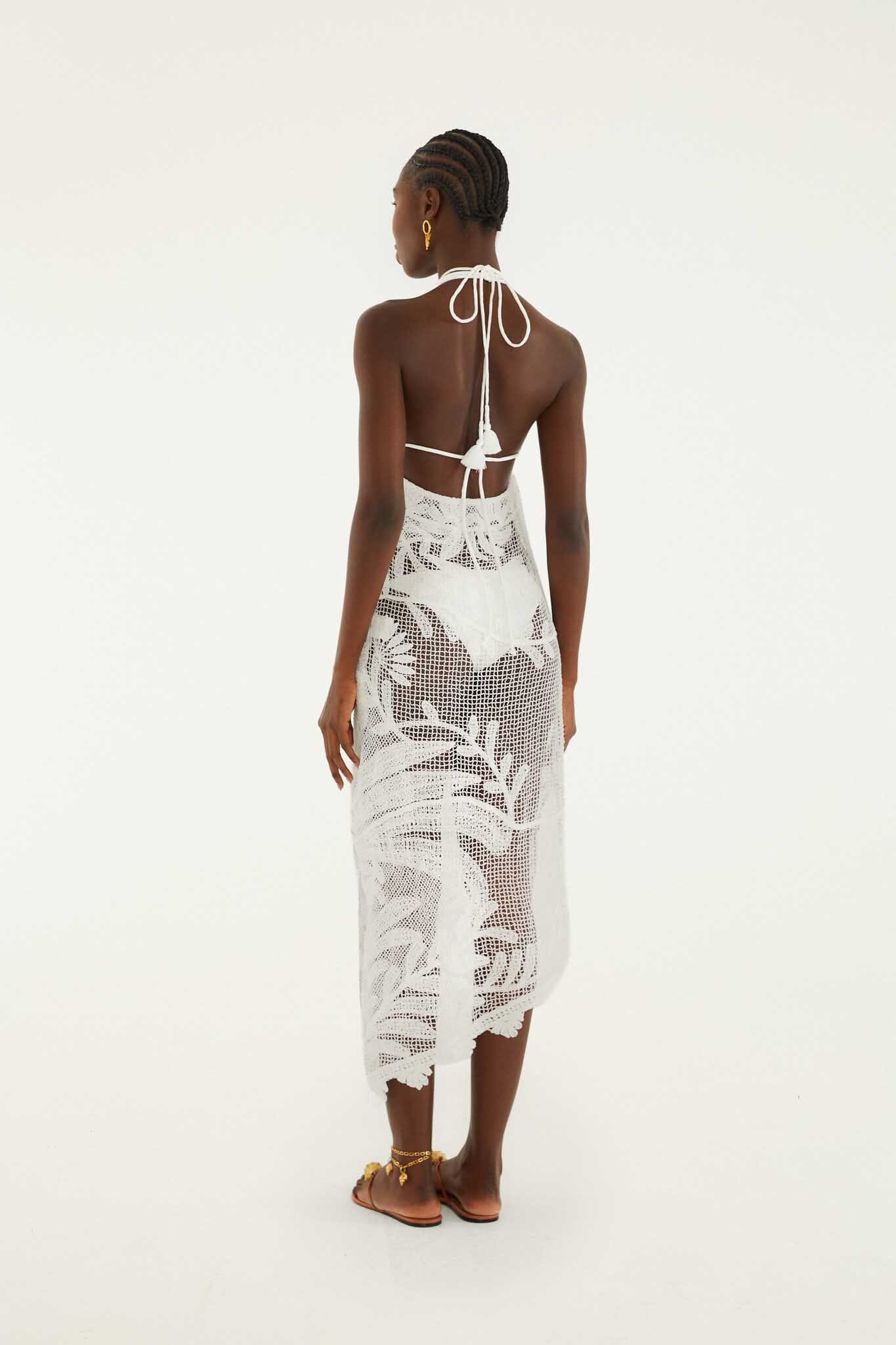 FARM Rio Shop White Crochet Halter Neck Sheer Midi Dress