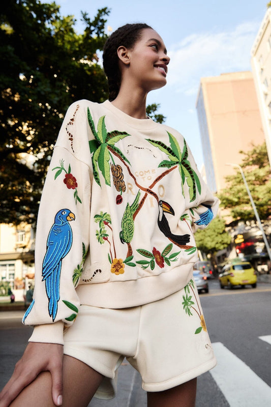 FARM Rio Shop Off-White Coconut Trees Come To Rio Embroidered Sweatshirt