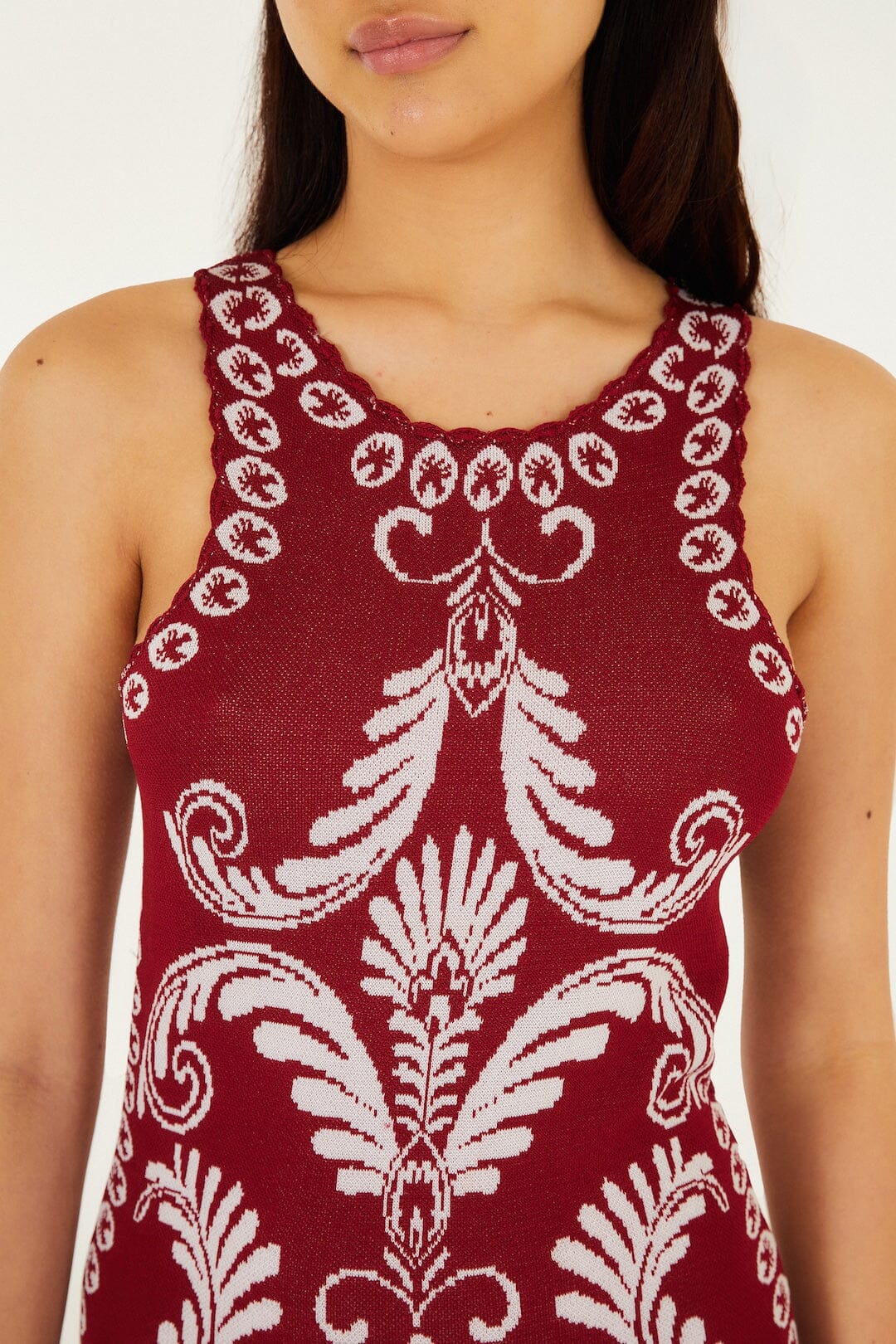 FARM Rio Shop Burgundy Garden Tapestry Fringe Knit Dress