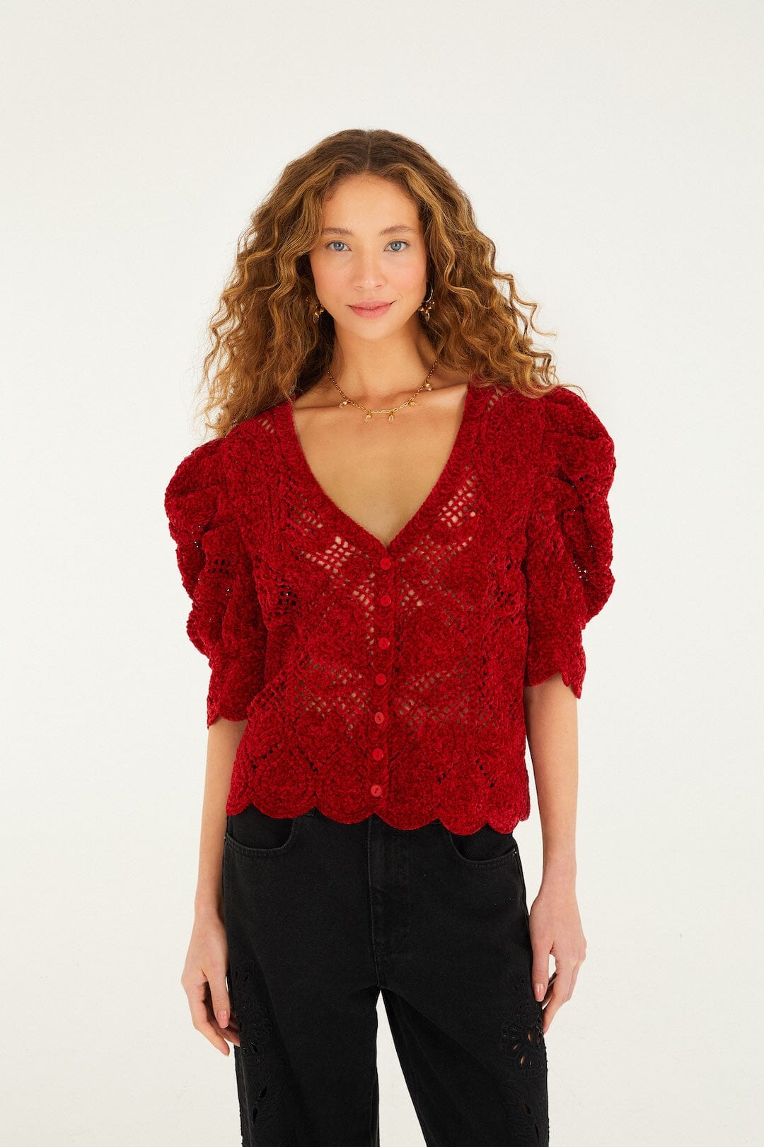 FARM Rio Sale by Type Red Rococo Hearts Puff Sleeve Crochet Cardigan