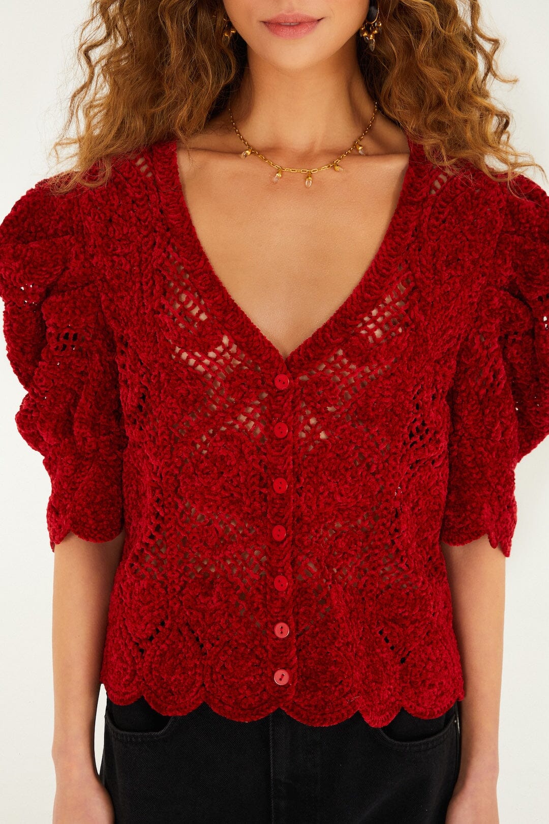 FARM Rio Sale by Type Red Rococo Hearts Puff Sleeve Crochet Cardigan