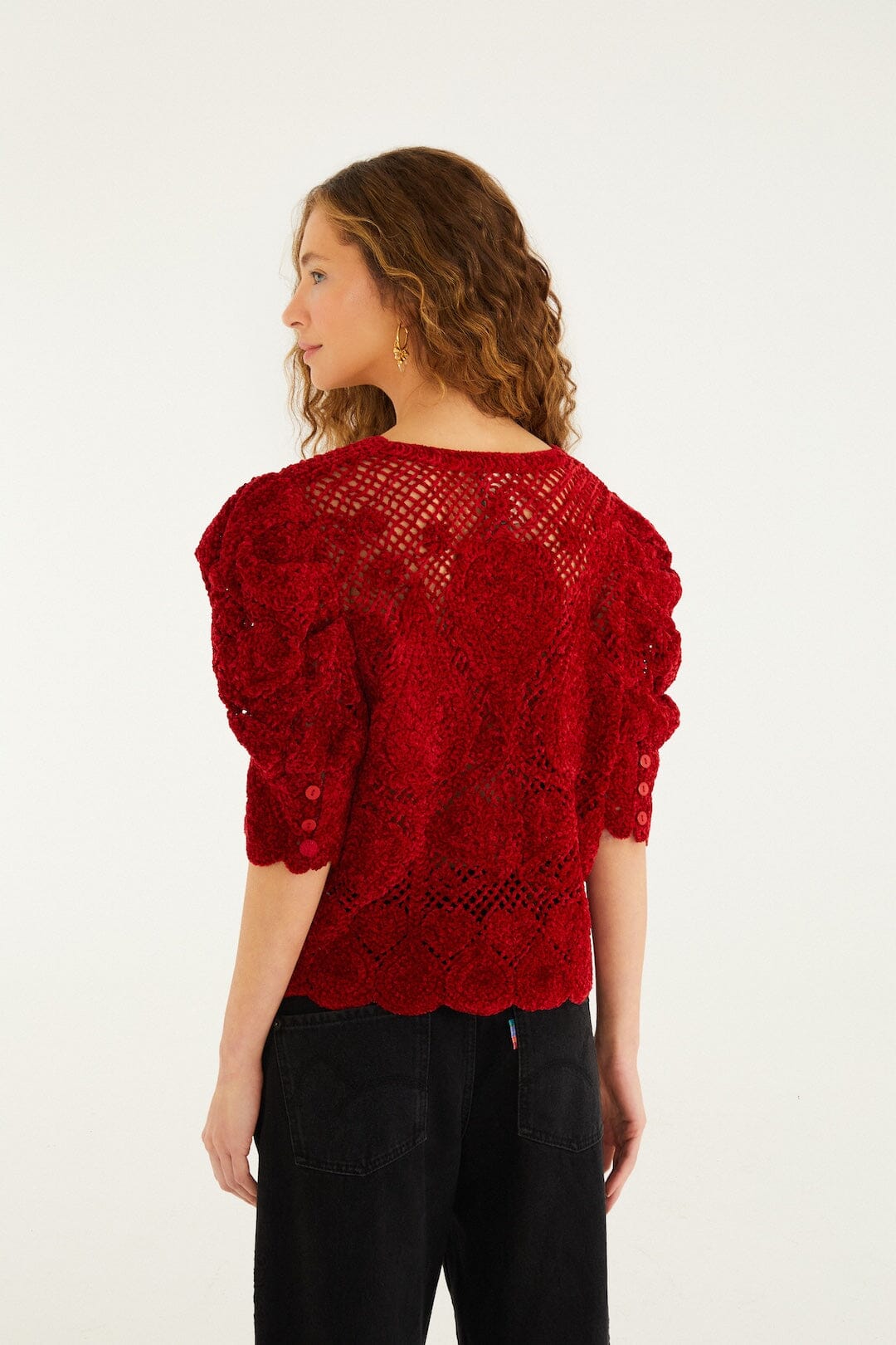 FARM Rio Sale by Type Red Rococo Hearts Puff Sleeve Crochet Cardigan