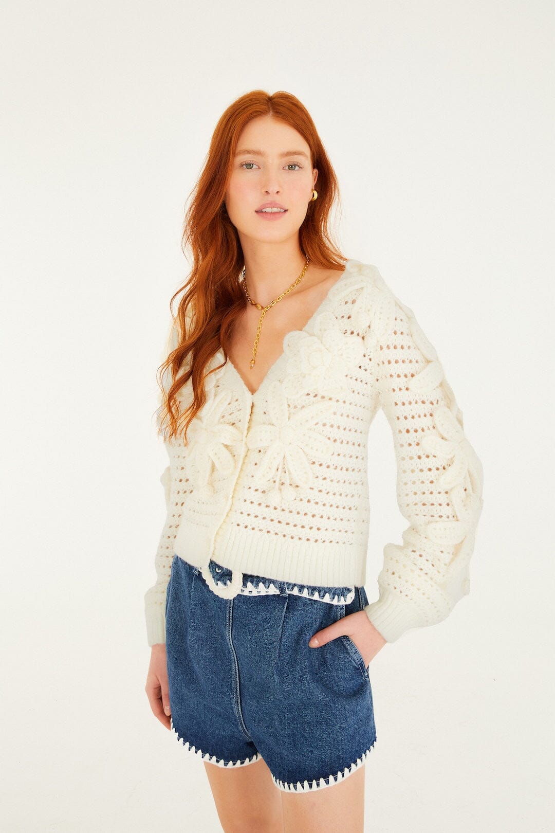 FARM Rio Sale by Type Off-White Crochet 3d Flowers Knit Cardigan